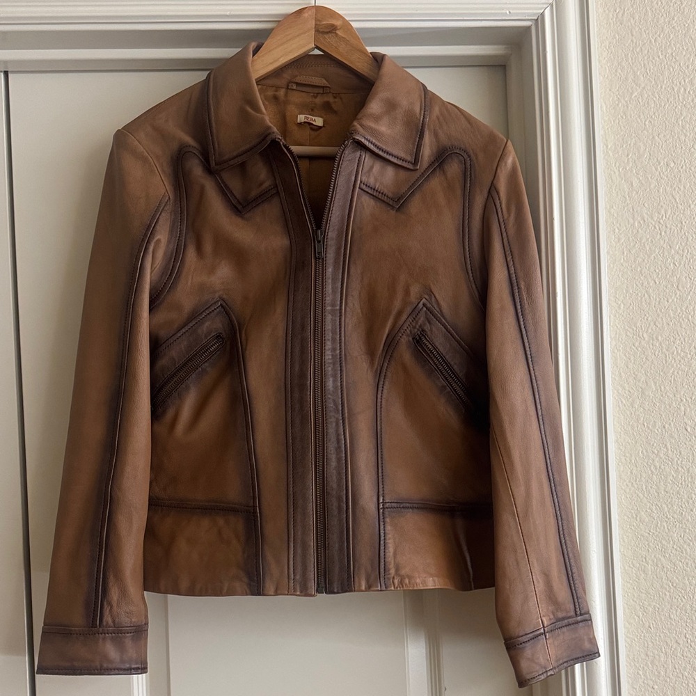 Reba Tan Leather Jacket with Dark Accents